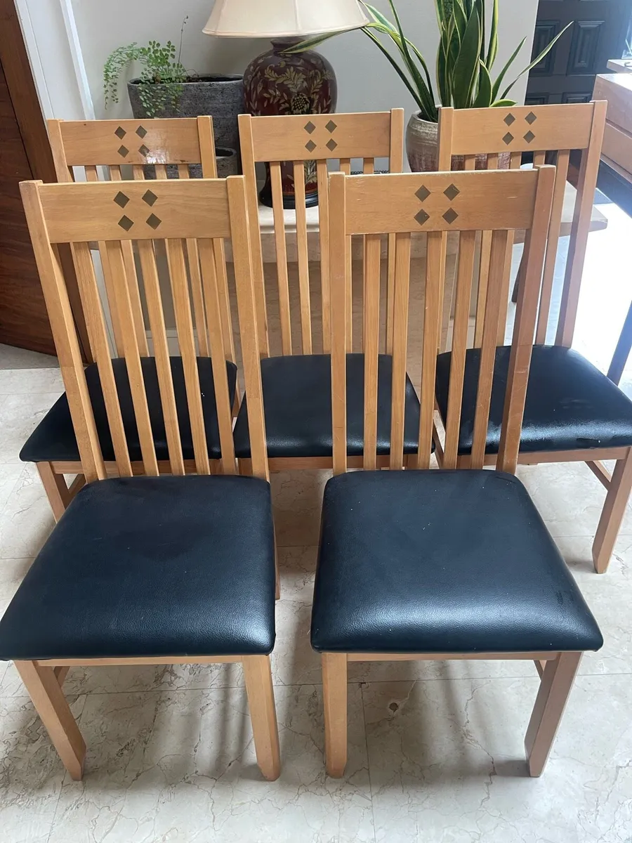 5 x Black Leather & Wooden Kitchen Dining Chairs - Image 1