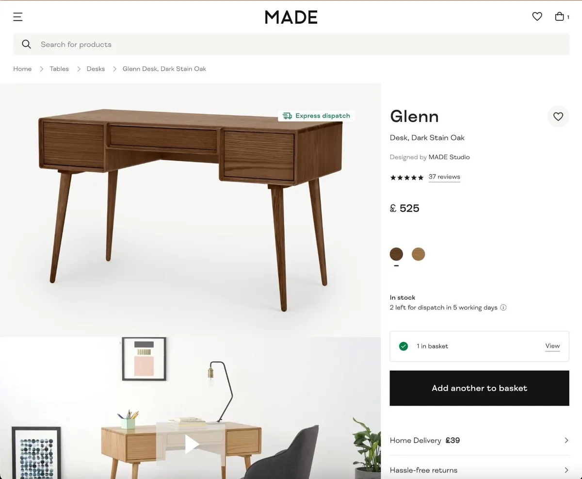 MADE Glenn office Desk, Dark Oak – Quick Sale €150 - Image 1