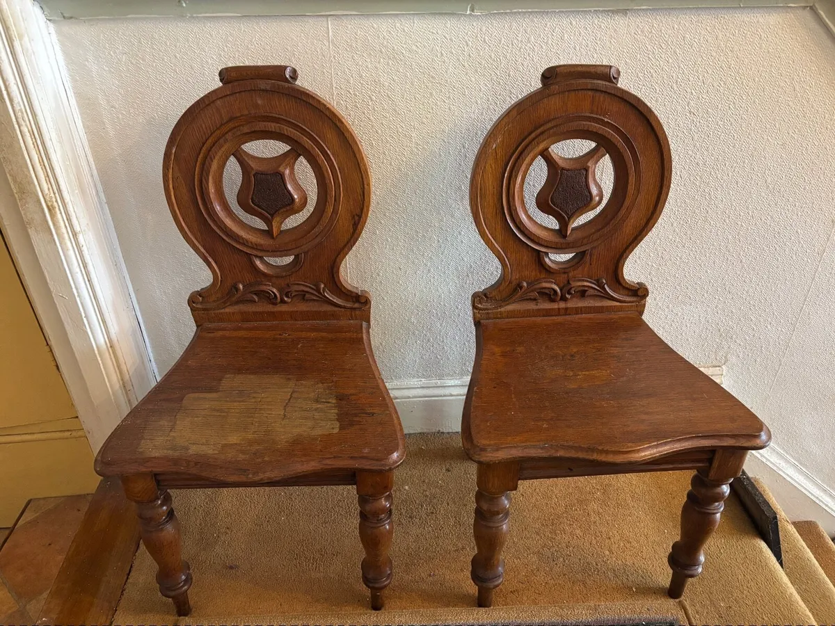Pair of Victorian Solid Oak Hall Chairs - Image 1