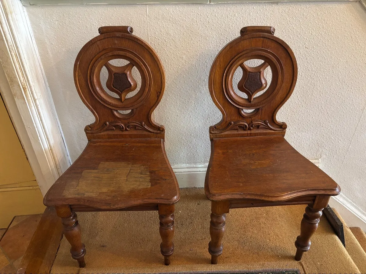 Pair of Victorian Solid Oak Hall Chairs - Image 2