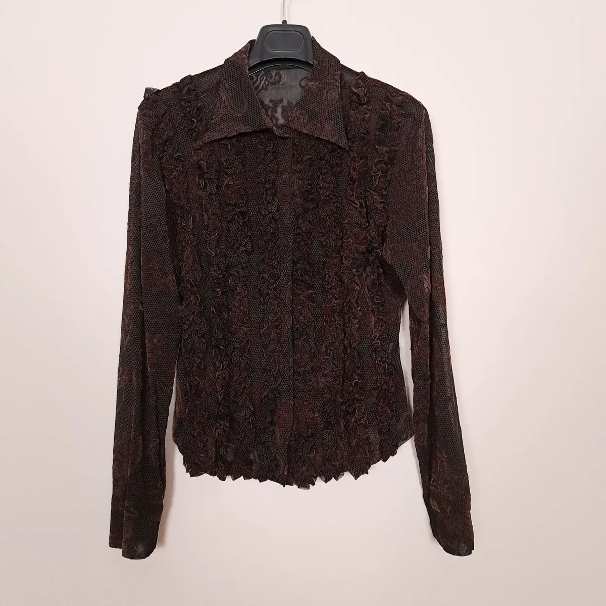 B. Young Dark Brown Black Sheer Frill Blouse 14UK - Image 1