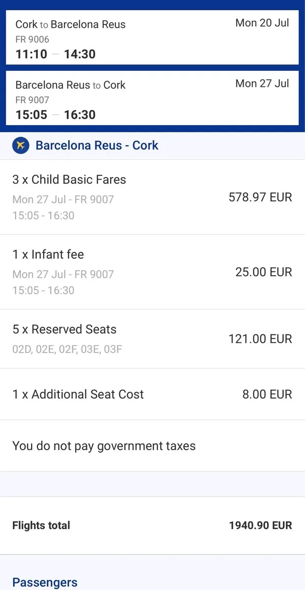 Flights for 2 adults, 3 children & 1 baby to Reus - Image 1