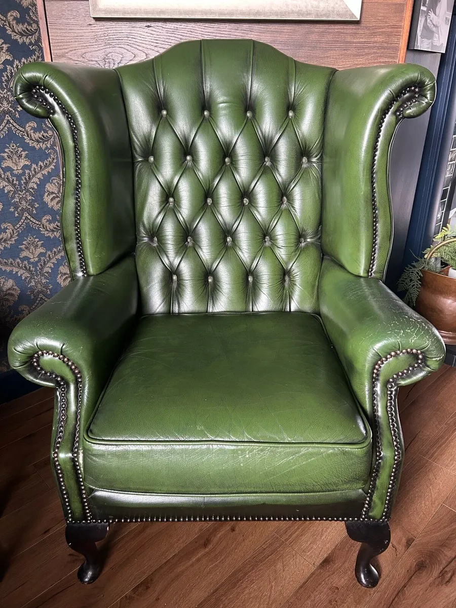 Pair of Genuine Green Leather Wingback Armchairs - Image 1