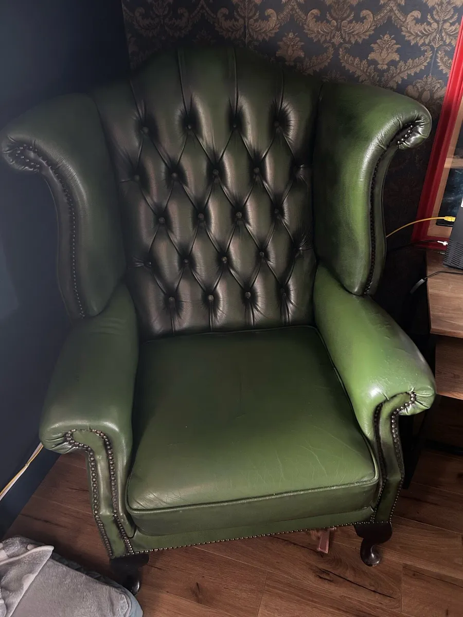 Pair of Genuine Green Leather Wingback Armchairs - Image 2