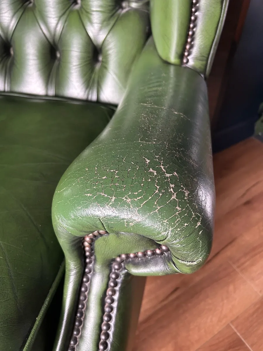 Pair of Genuine Green Leather Wingback Armchairs - Image 4