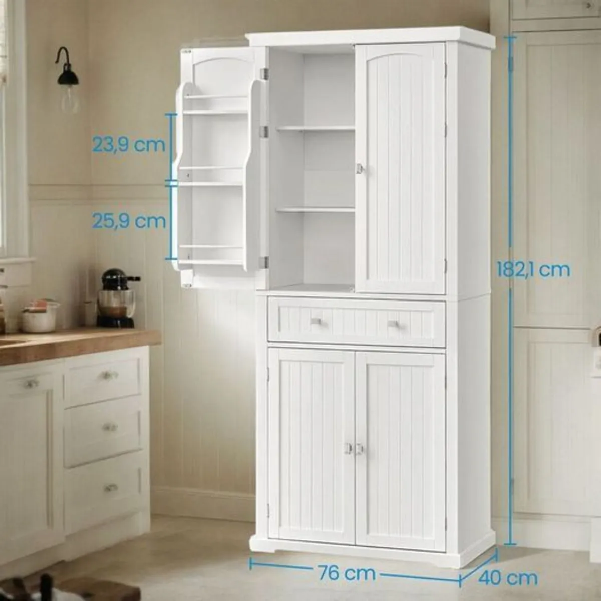 Tall White Storage Cabinet with Shelves and Drawer - Image 2