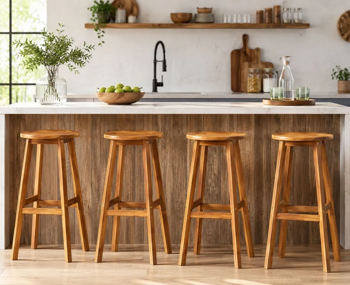 Set of 4 Solid Acacia Wood Bar Stools - Image 1