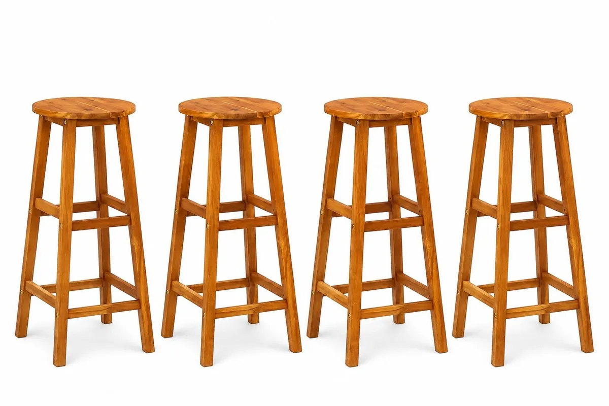 Set of 4 Solid Acacia Wood Bar Stools - Image 2