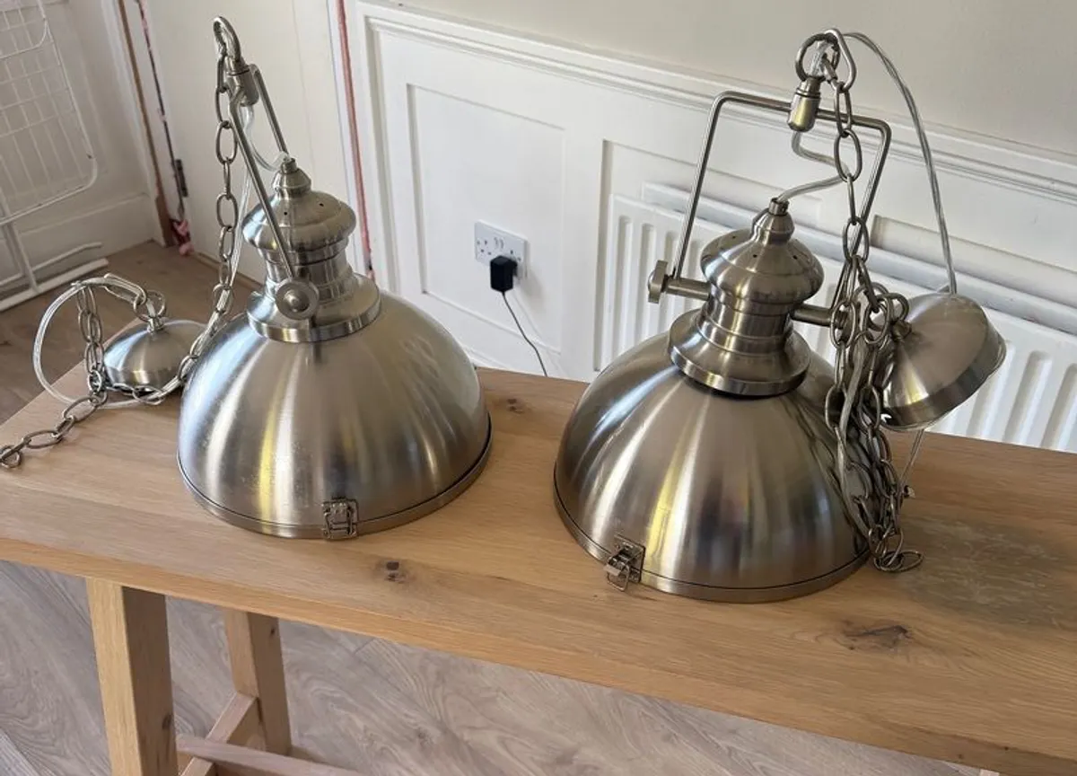 Pair of Searchlight Louisiana Industrial Pendant Lights Satin Silver - Image 1