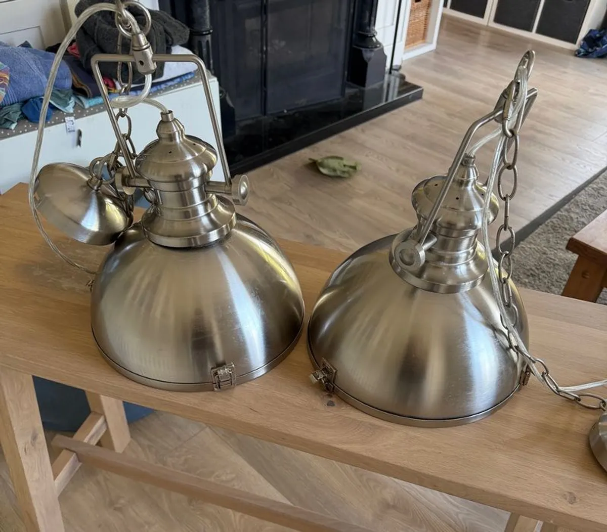 Pair of Searchlight Louisiana Industrial Pendant Lights Satin Silver - Image 2