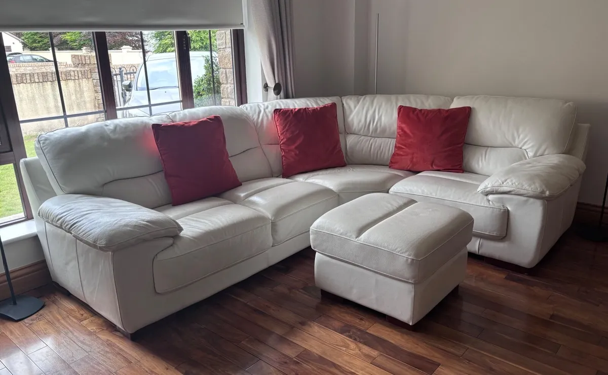 Cream Leather Corner Sofa with Matching Footstool. - Image 1
