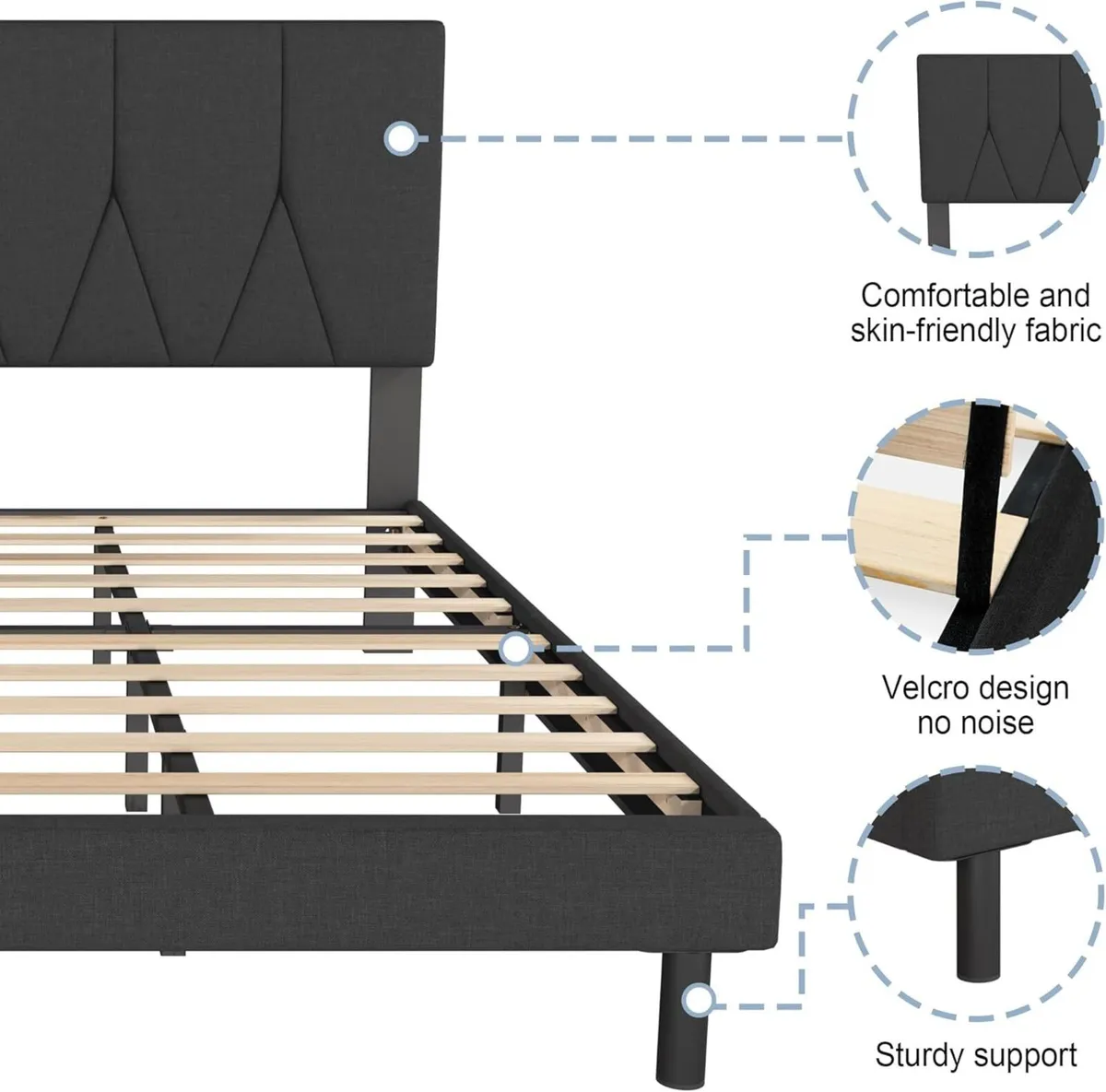 Small Double Bed Frame Black Upholstered Wooden - Image 4