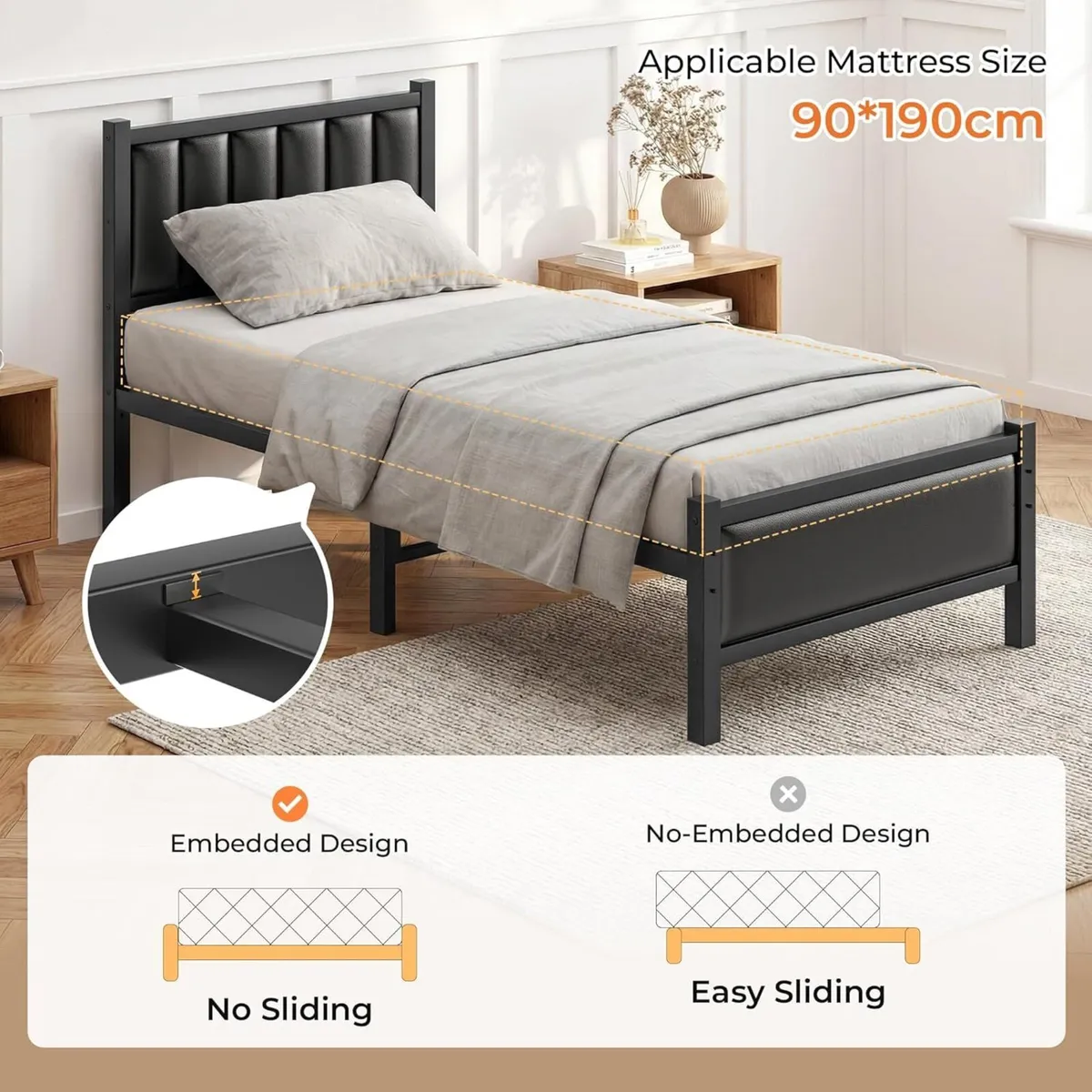 Single Bed Frame with Upholstered Headboard 3ft - Image 4