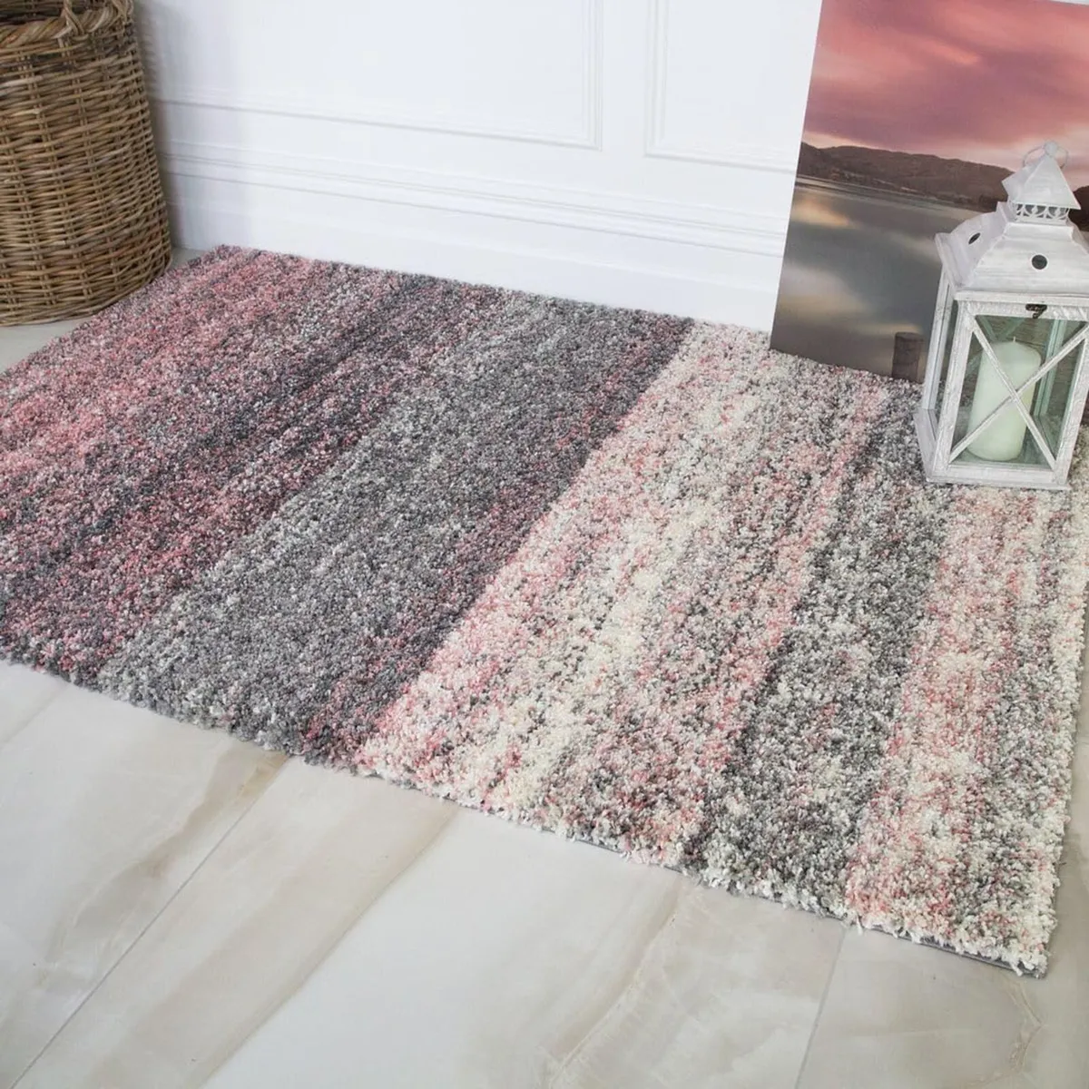 Murano Blush Grey Cream Striped Thick Shaggy Shag - Image 1