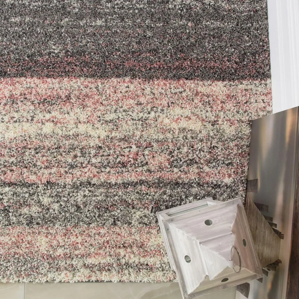 Murano Blush Grey Cream Striped Thick Shaggy Shag - Image 2