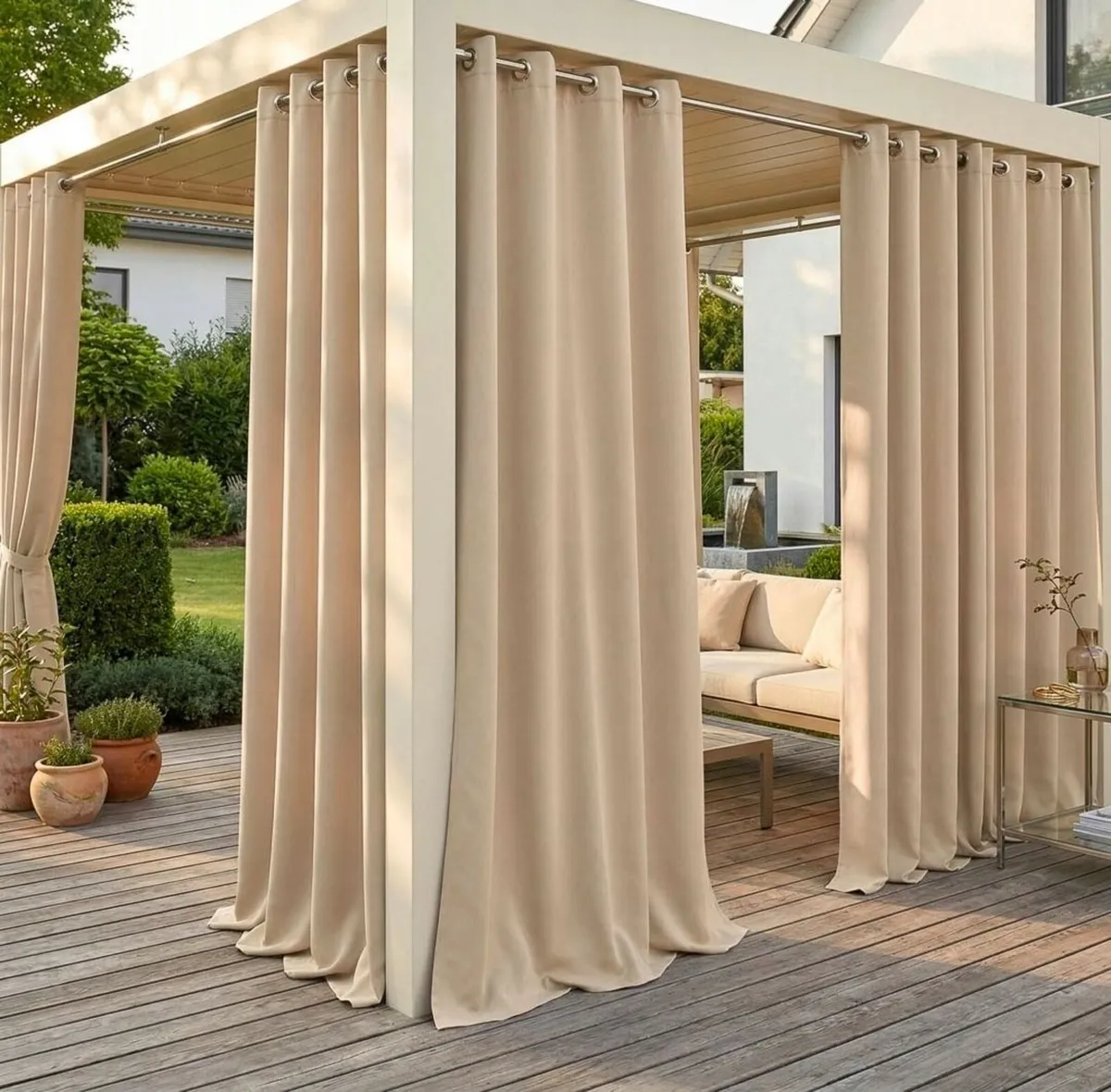 5 x Waterproof Beige Curtains +Curtain bands NEW - Image 1