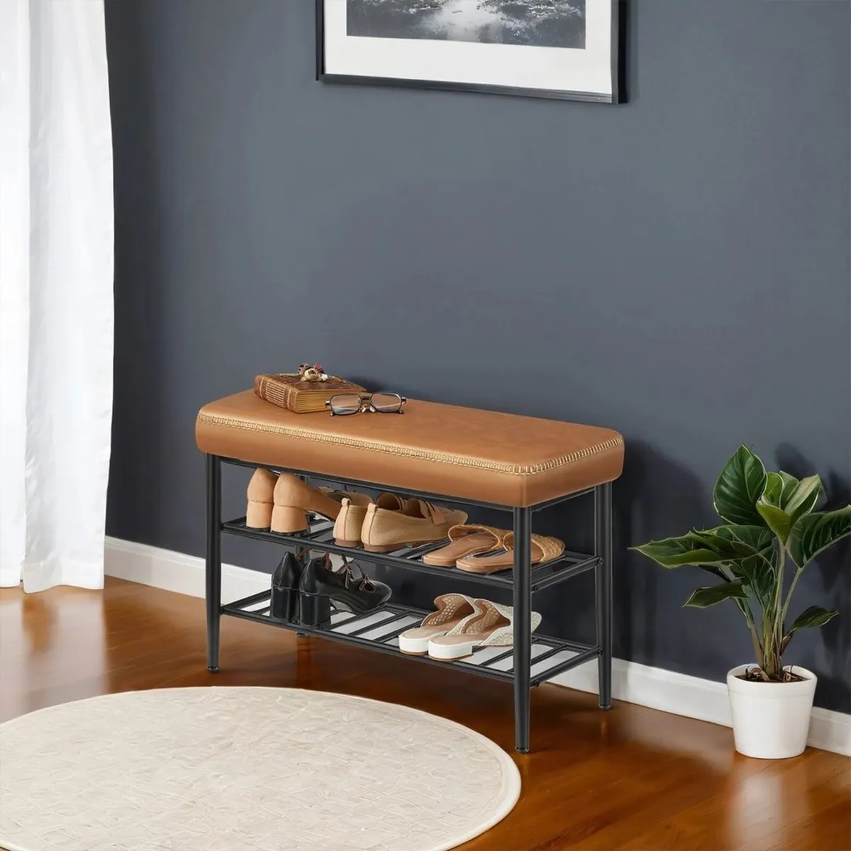 Shoe Storage Bench with Cushioned Seat – Faux Leat - Image 1