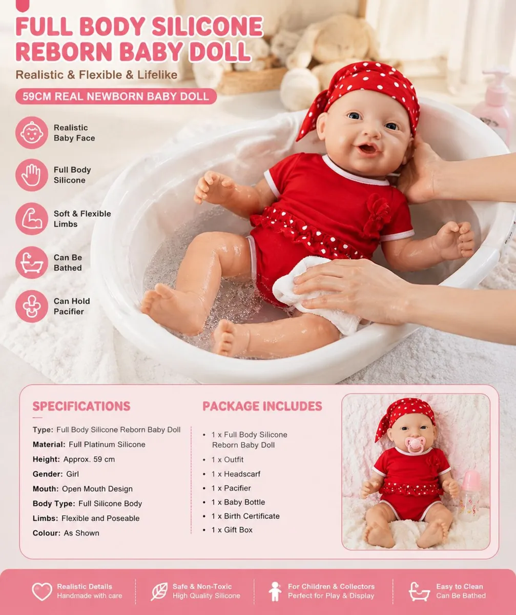 Full Body Silicone Reborn Weighted Baby Doll 59 cm - Image 2
