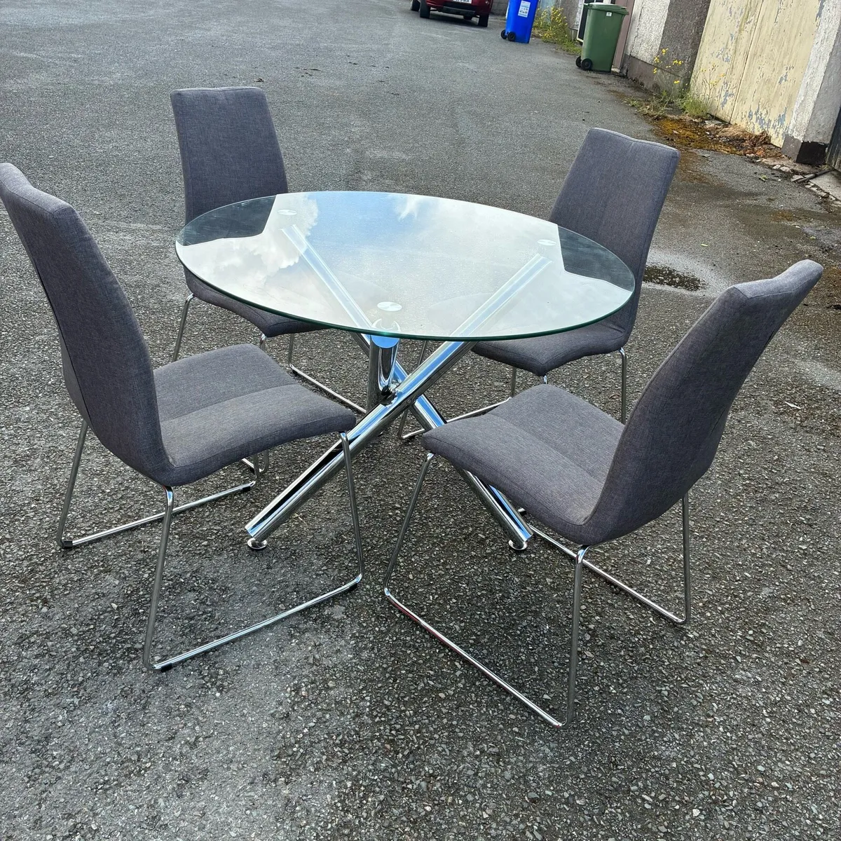Fab! Glass Round Table & 4 Grey Chairs - Image 1