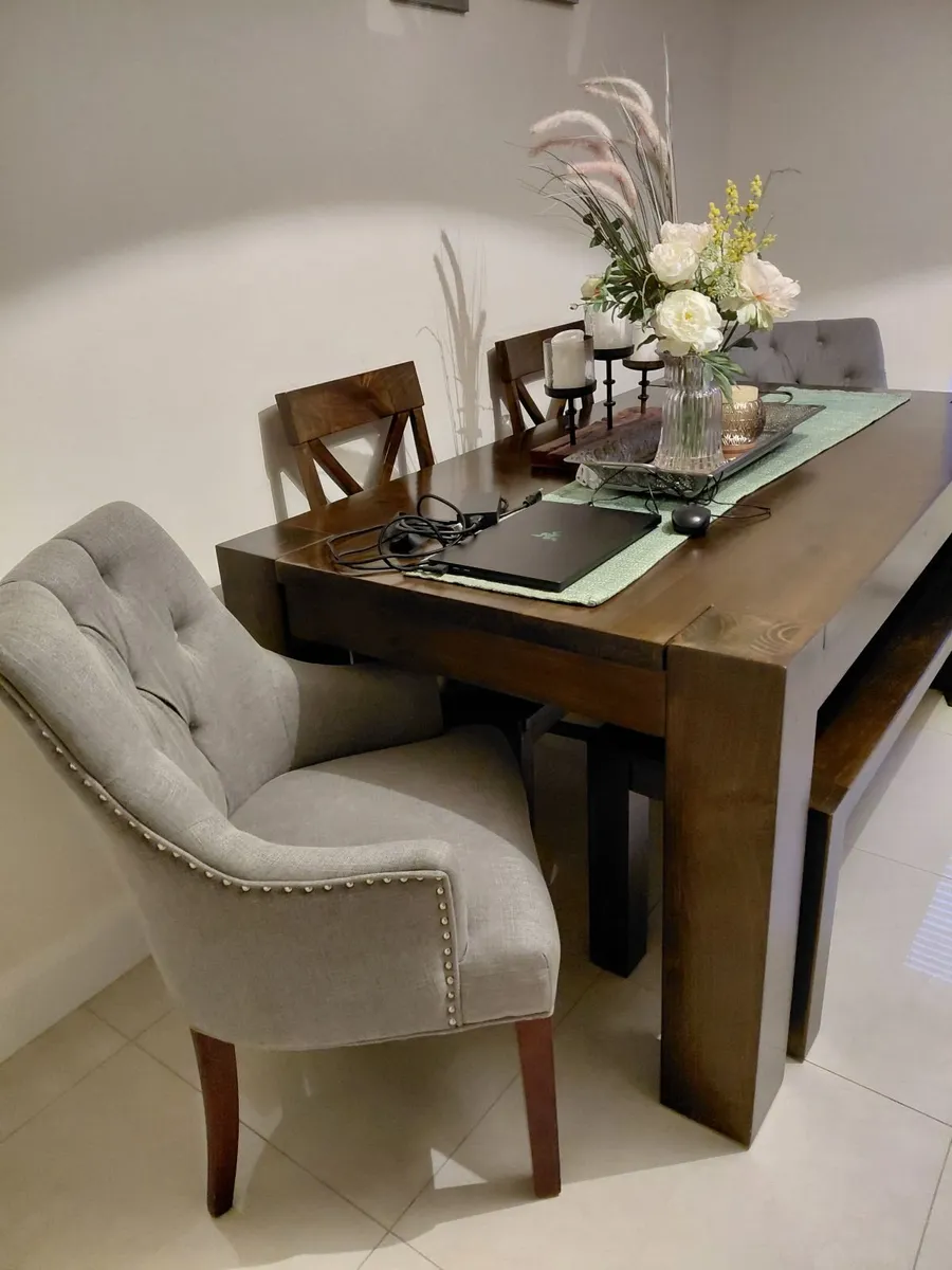 Solid Wood Dining Table Set with Bench & Upholster - Image 1