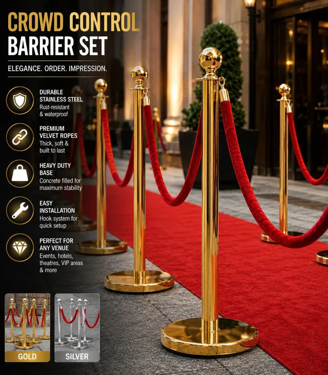 Gold & Silver Crowd Control Barrier Set with Red V - Image 2