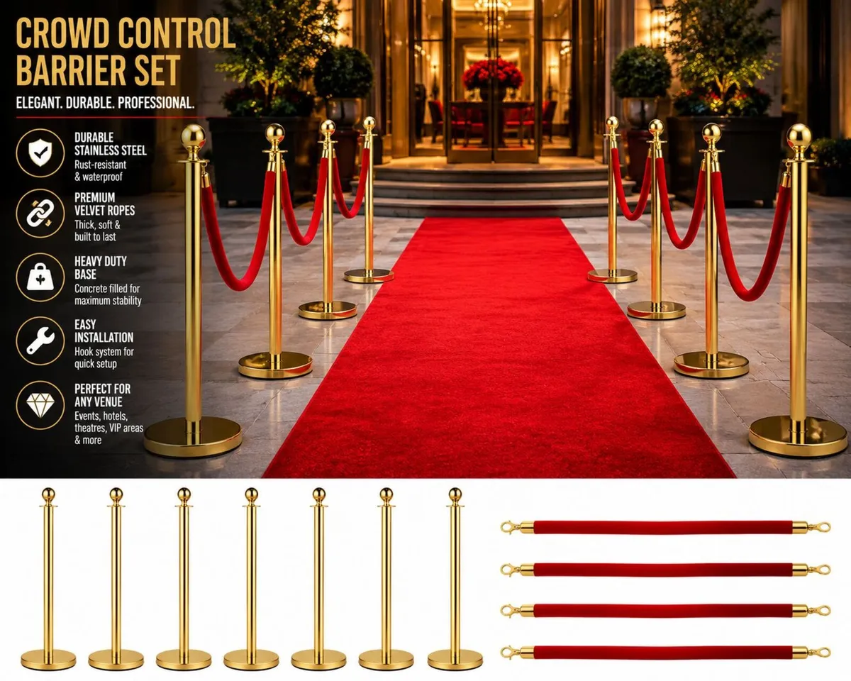 Gold & Silver Crowd Control Barrier Set with Red V - Image 1