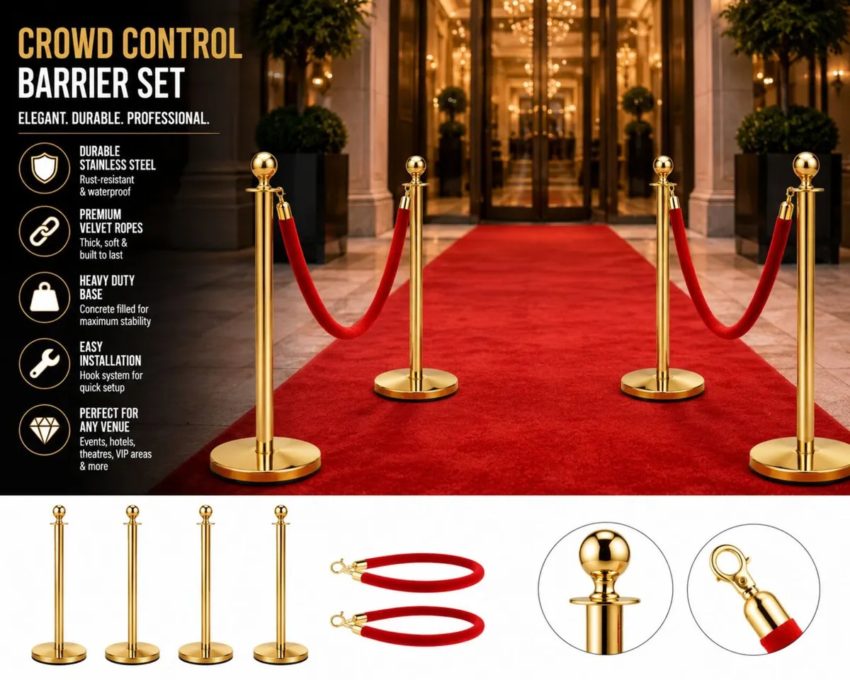 Gold Crowd Control Barrier Set 4 Posts with 2 Red - Image 1