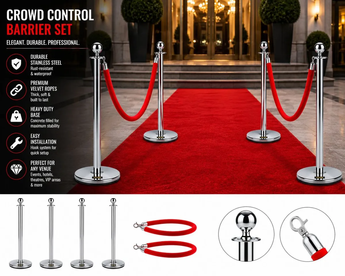 Gold Crowd Control Barrier Set 4 Posts with 2 Red - Image 2