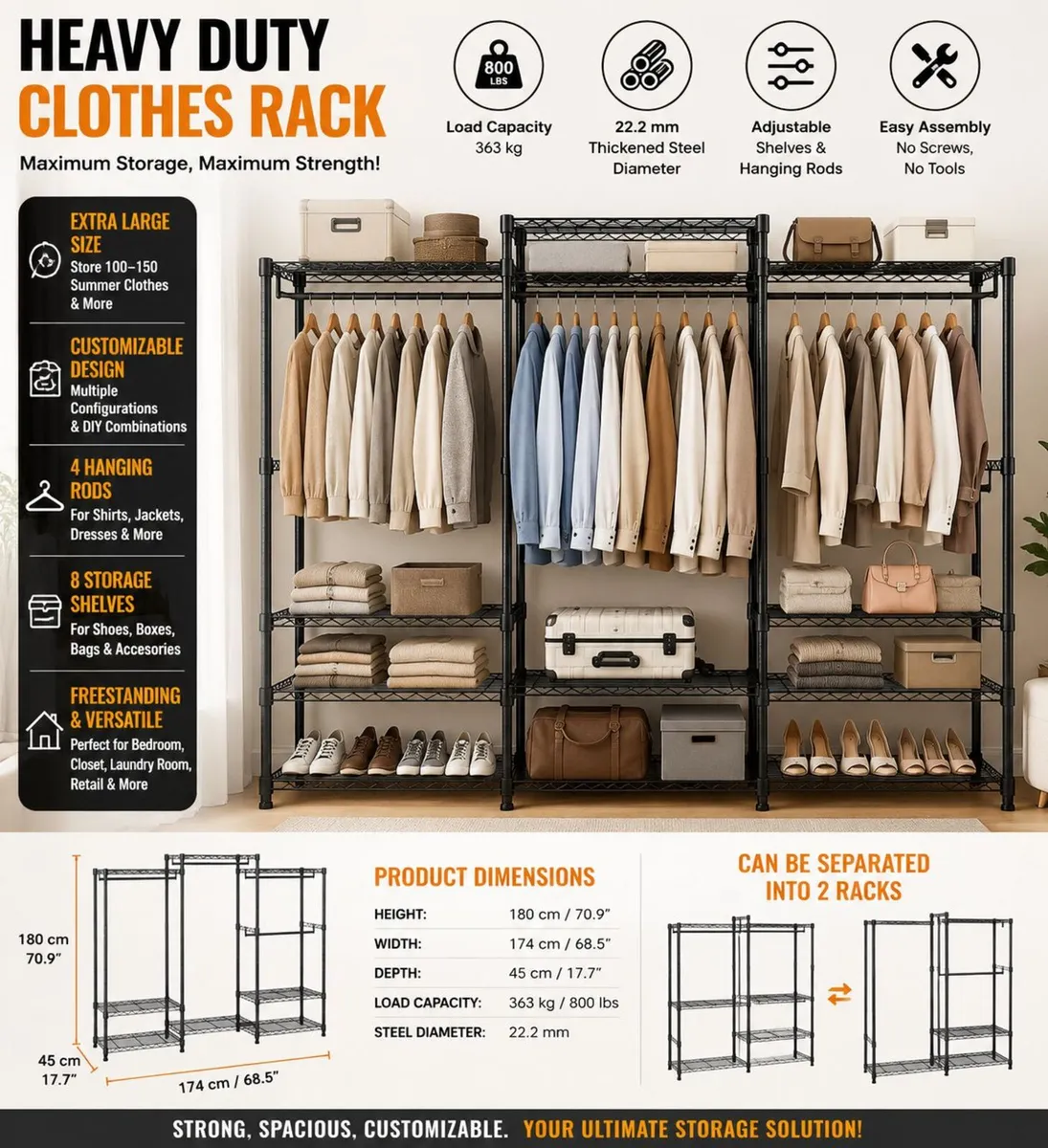 Heavy Duty Clothes Rack 363 kg Open Wardrobe - Image 3