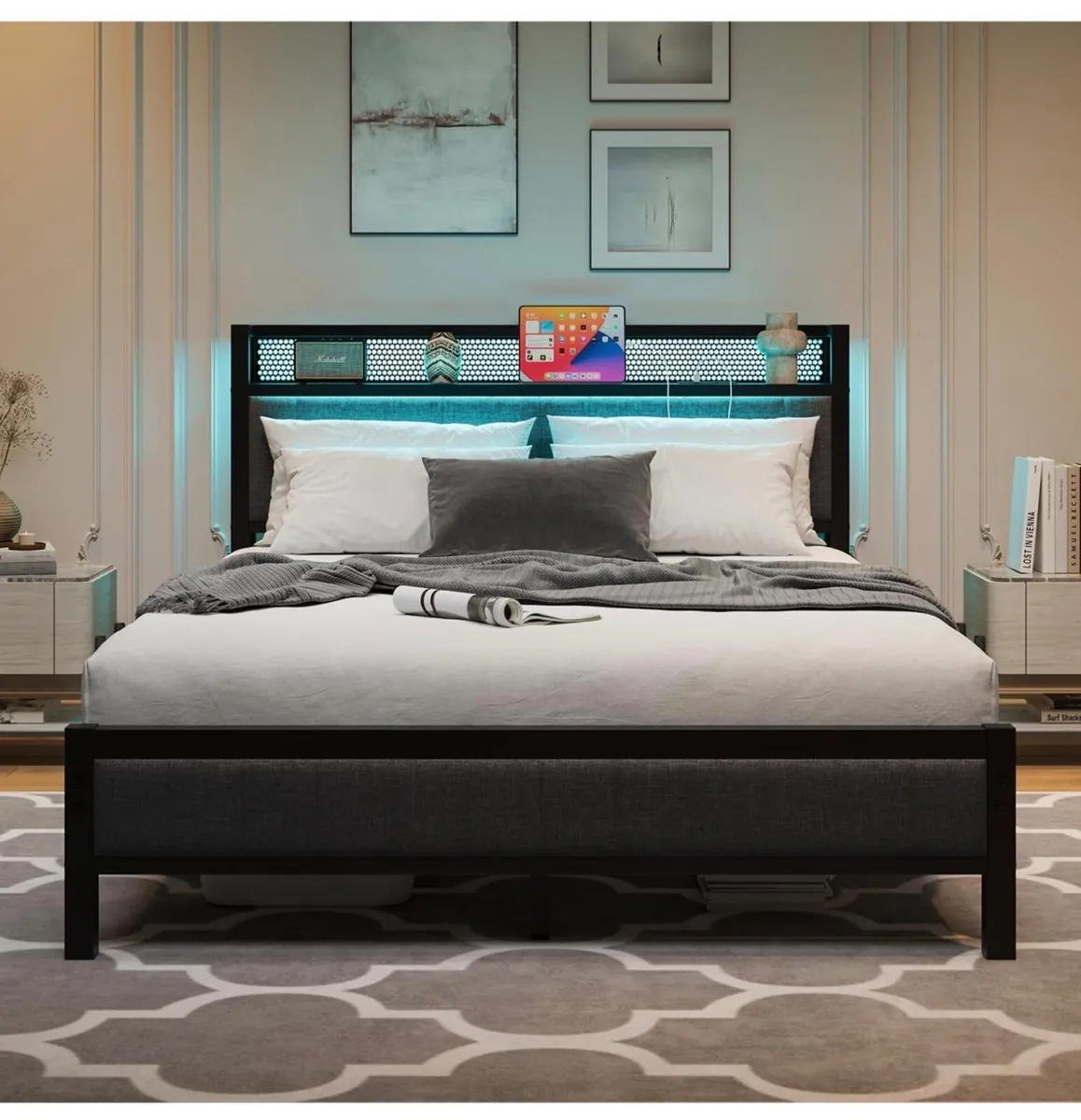 King Size Bed Frame with Upholstered Headboard, Wo - Image 3