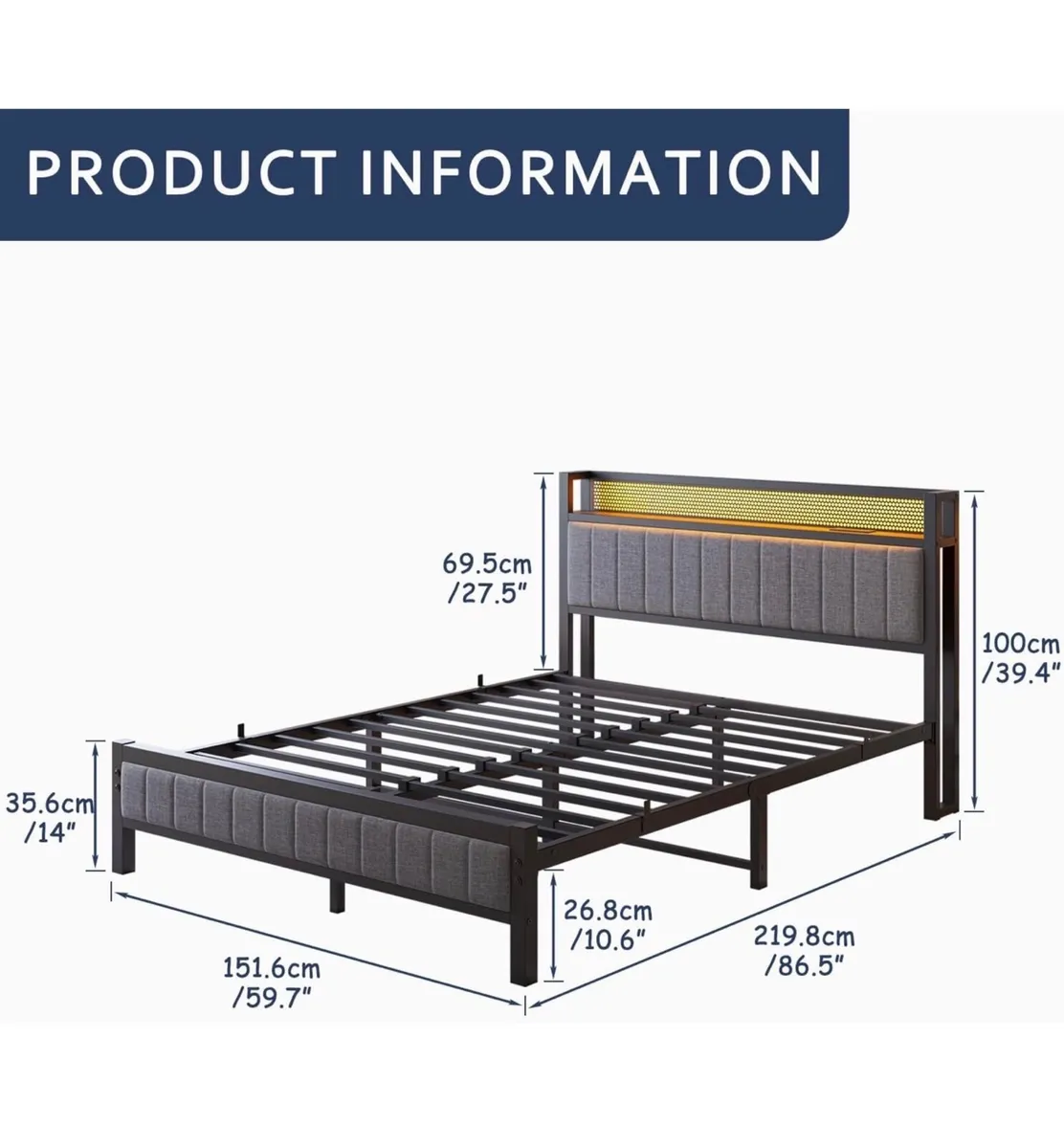 King Size Bed Frame with Upholstered Headboard, Wo - Image 2