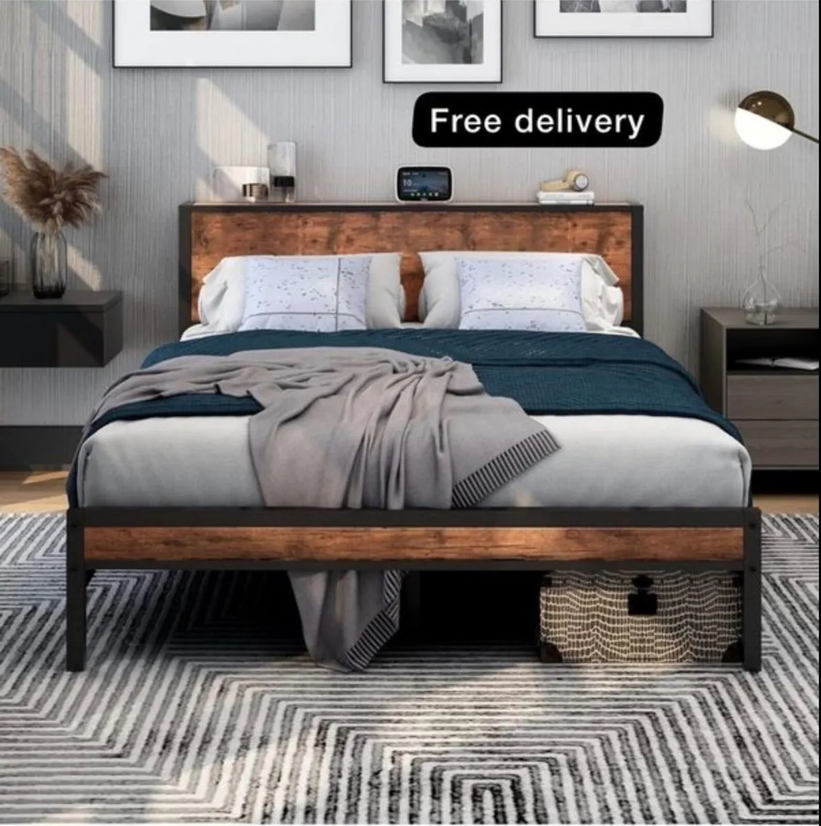 King Size Bed Frame with Storage Wooden Headboard, - Image 1