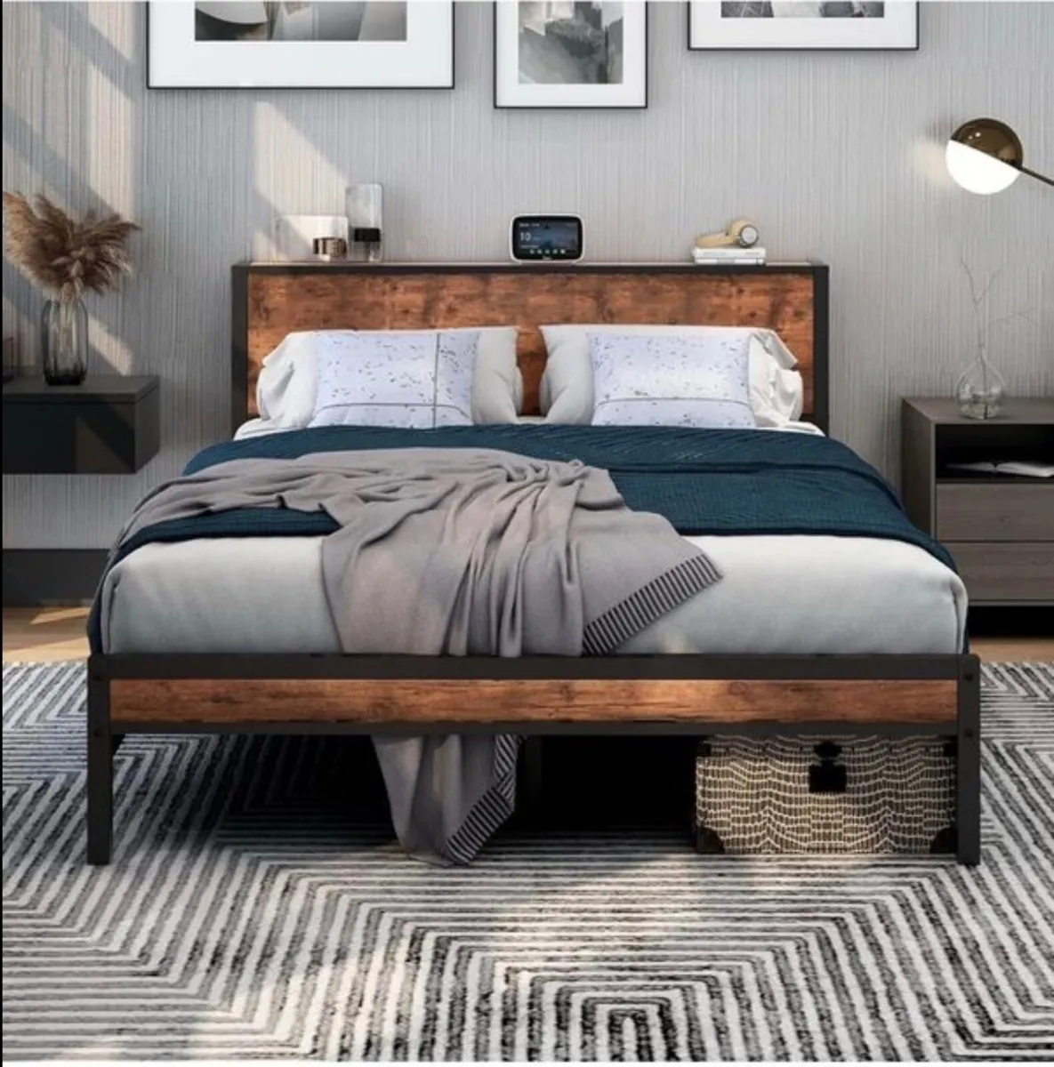 King Size Bed Frame with Storage Wooden Headboard, - Image 3