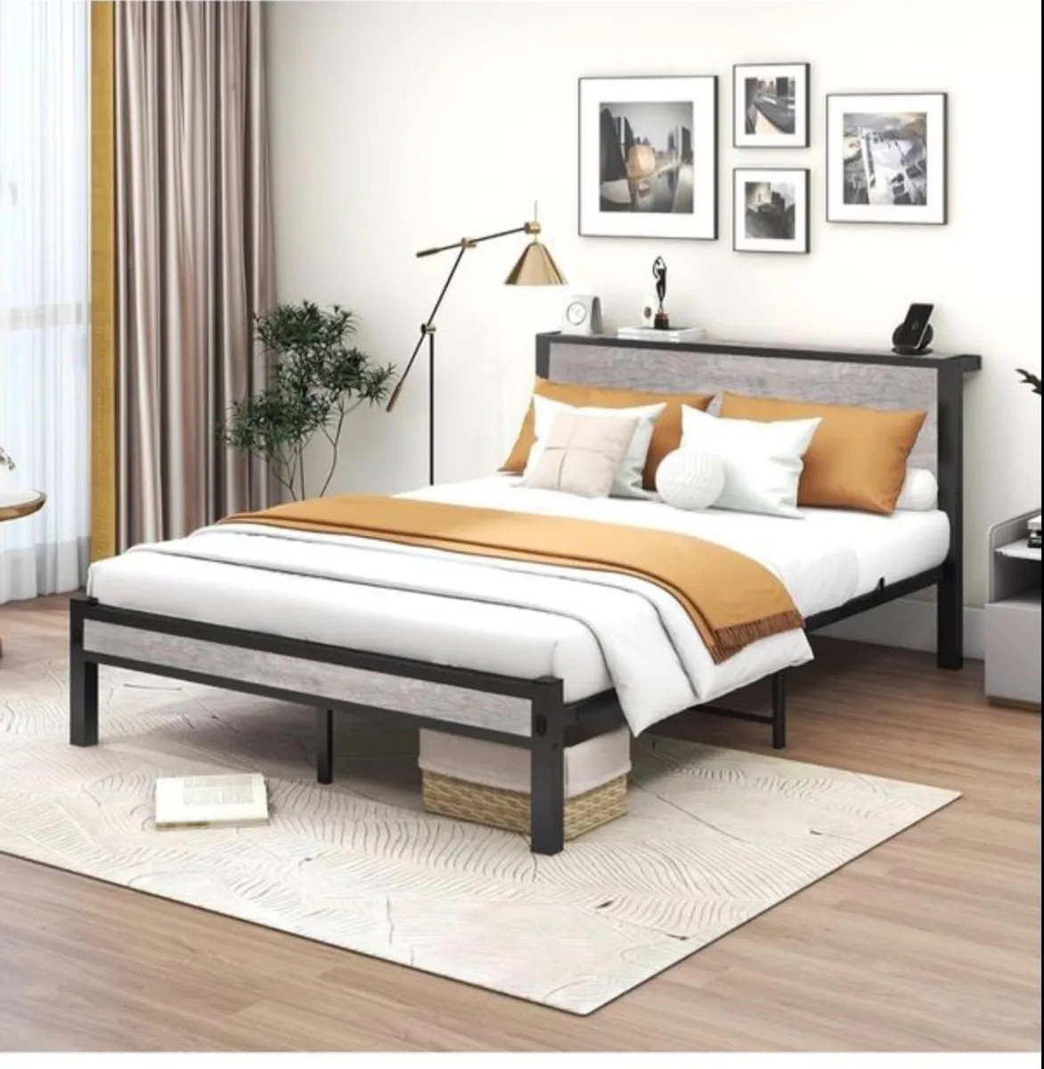 King Size Bed Frame with Storage Wooden Headboard, - Image 1