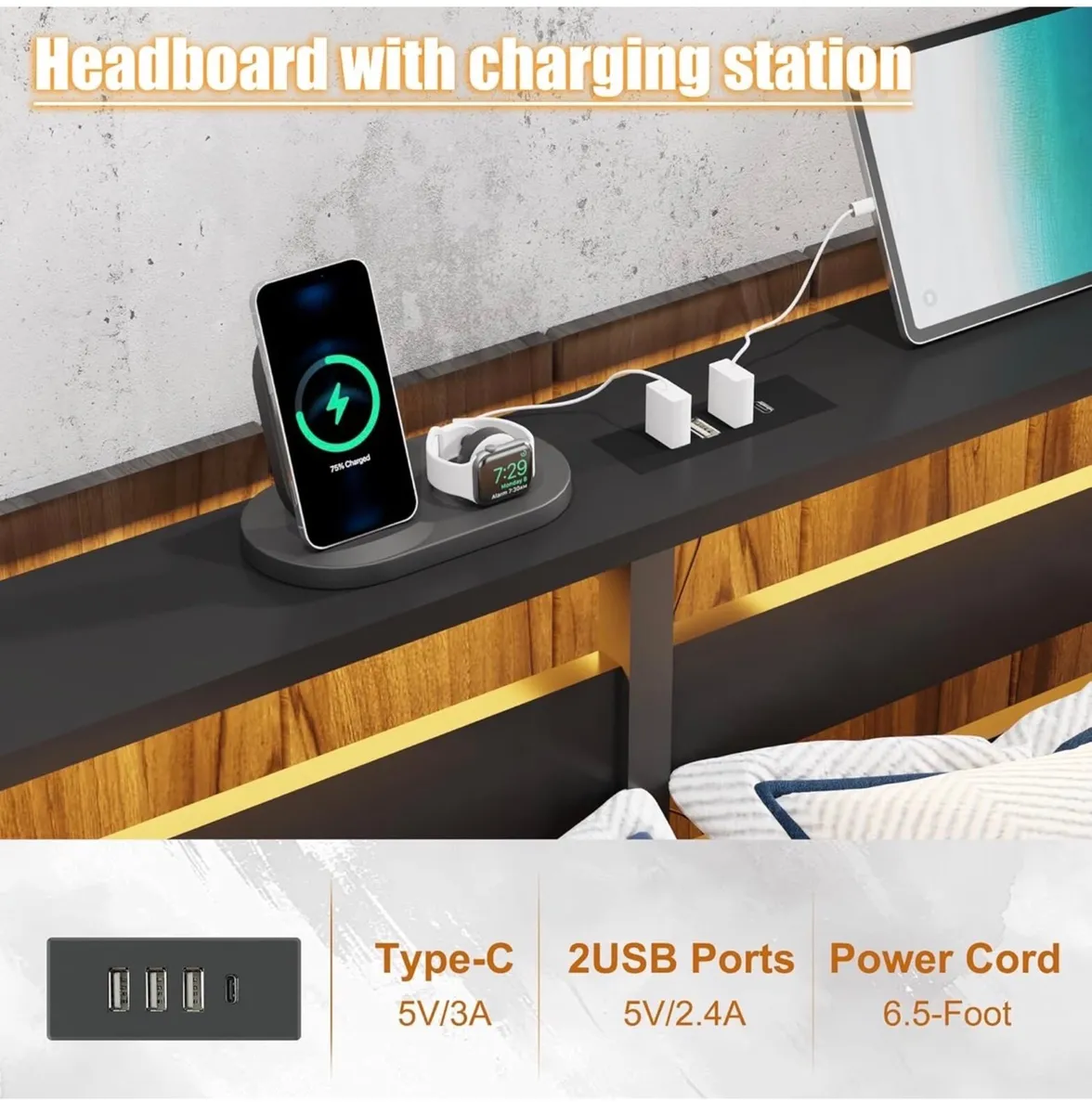 King Metal Bed Frame with USB Charging Station, LE - Image 4