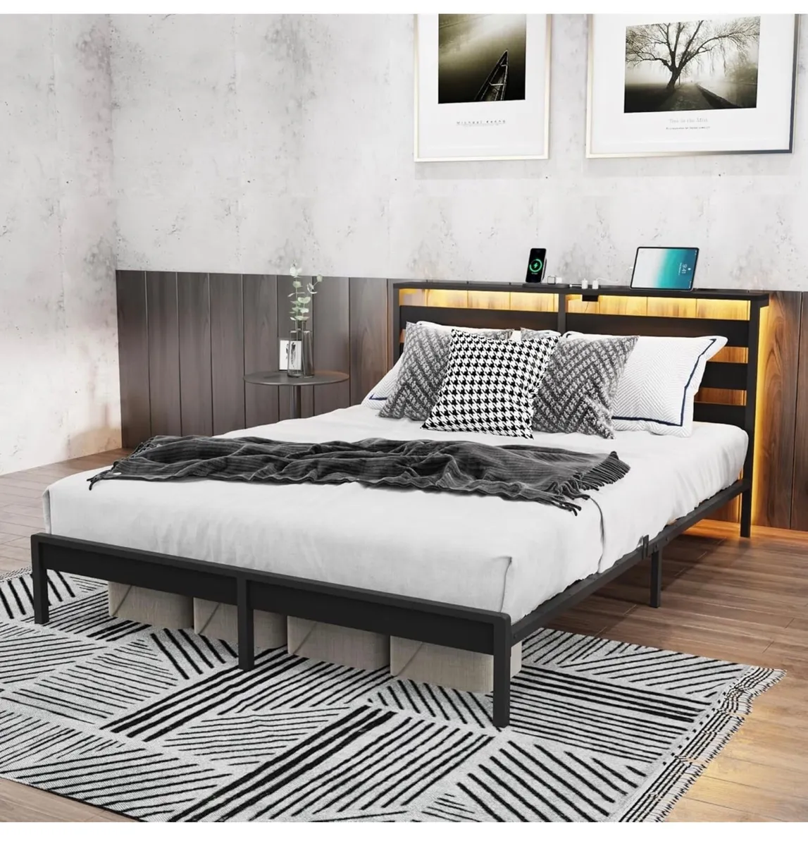 King Metal Bed Frame with USB Charging Station, LE - Image 3