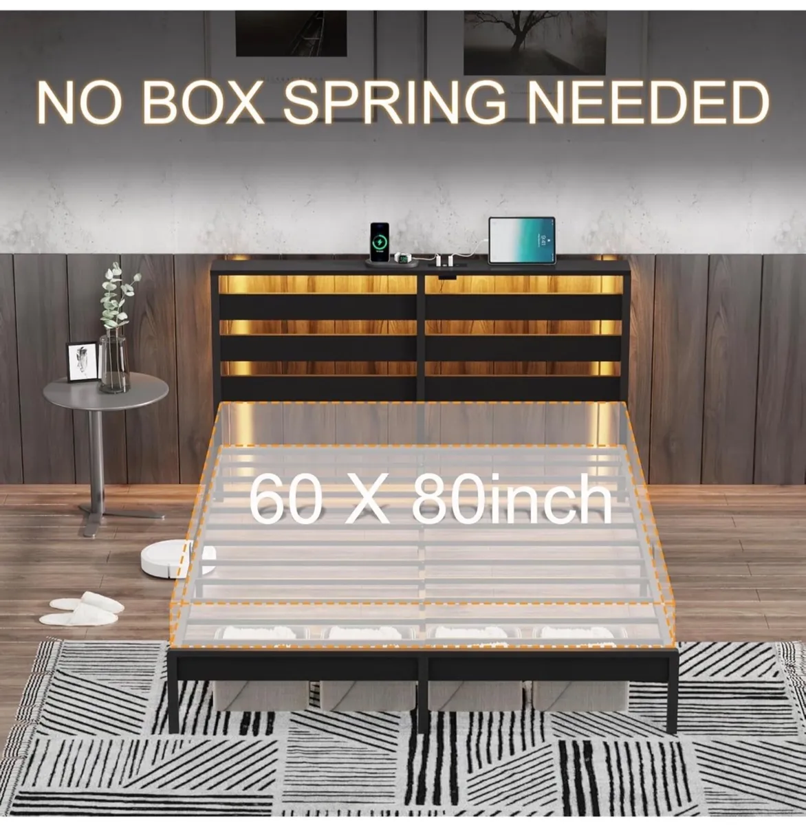 King Metal Bed Frame with USB Charging Station, LE - Image 3