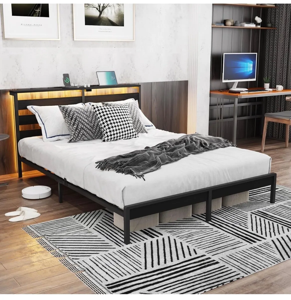 King Metal Bed Frame with USB Charging Station, LE - Image 2