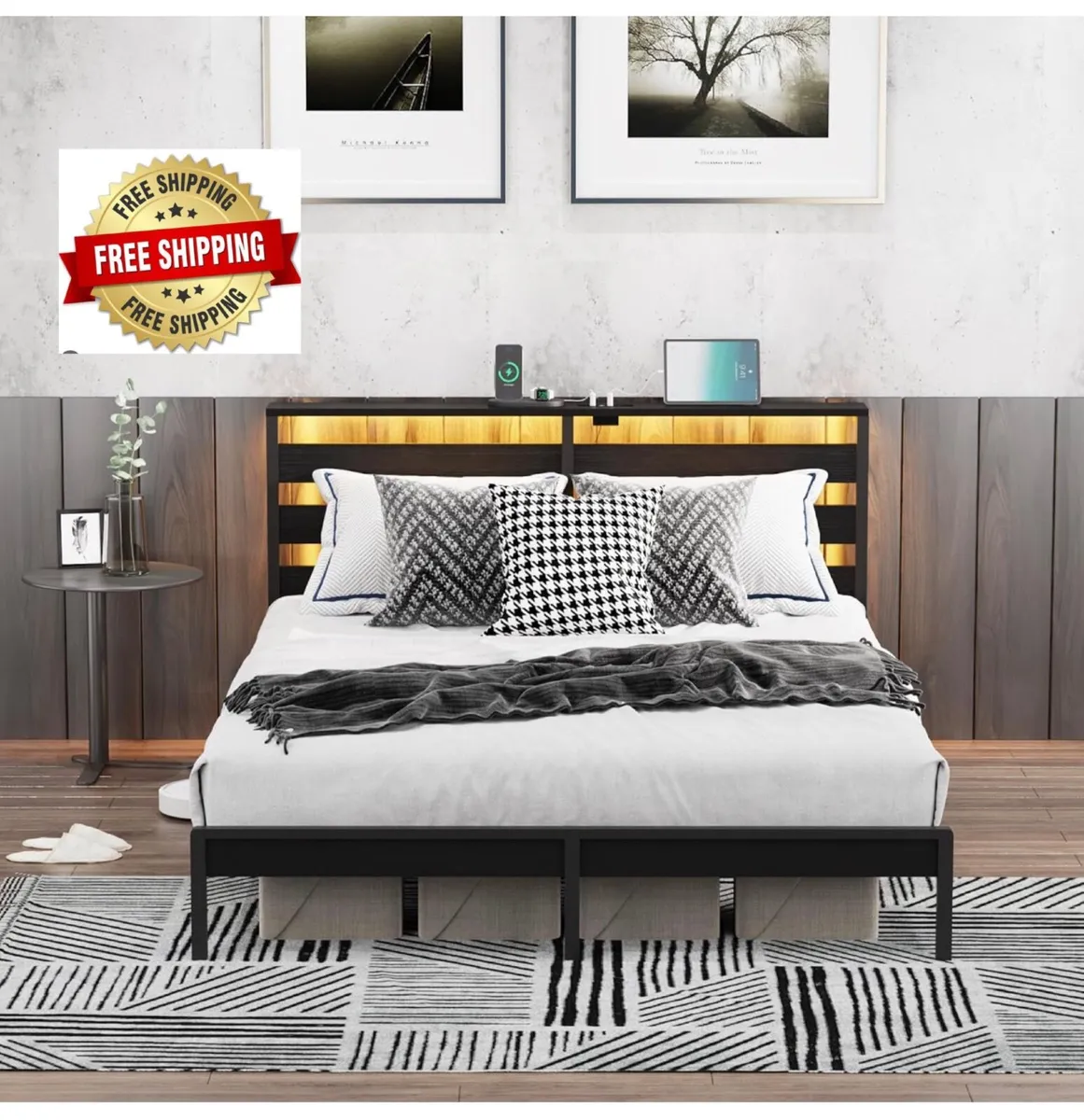 King Metal Bed Frame with USB Charging Station, LE - Image 1