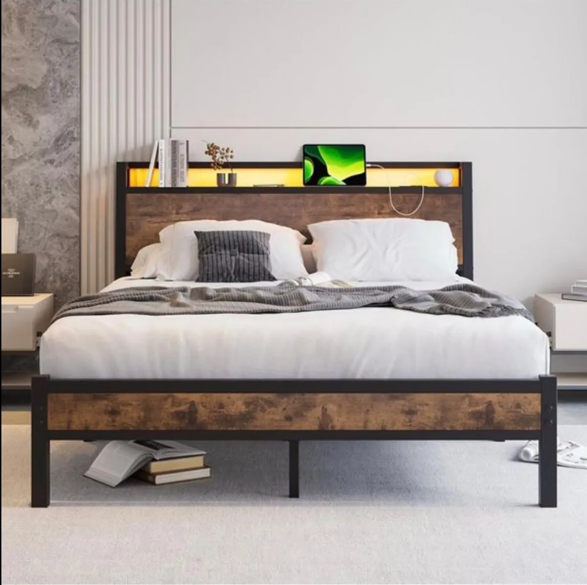 King Size Bed Frame with Charging Station and LED - Image 1