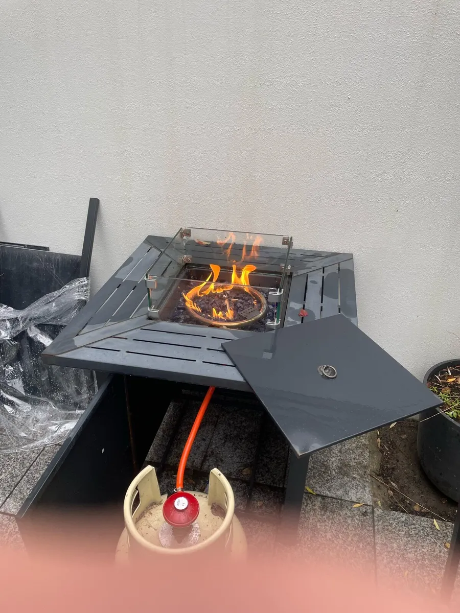 Modern Gas Fire Pit w/ Blue Glass & Gas Canister - Image 3