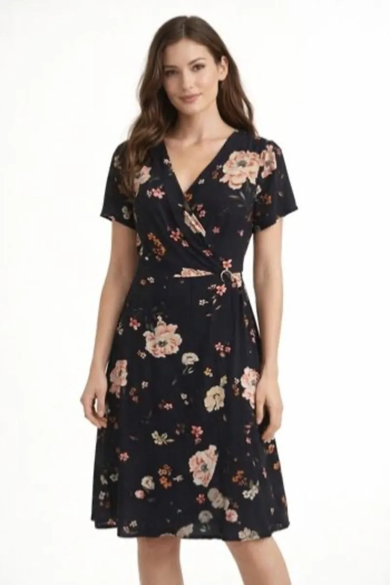 Gorgeous Ladies Black Wrap Floral Dress: Size 10 - Image 1