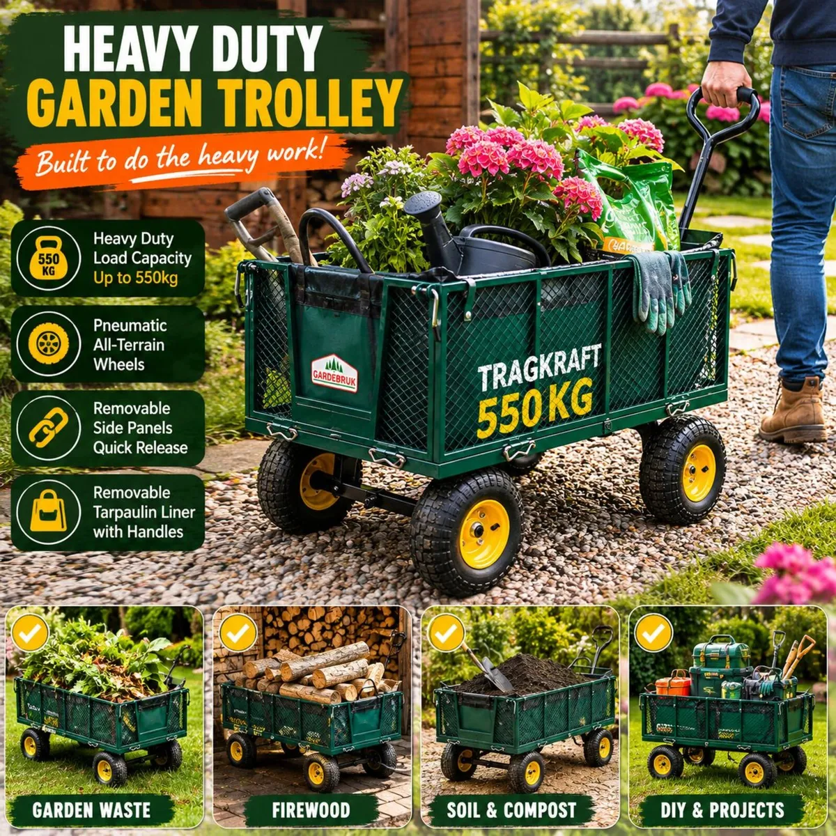 550kg Heavy Duty Garden Trolley with Removable Tar - Image 1