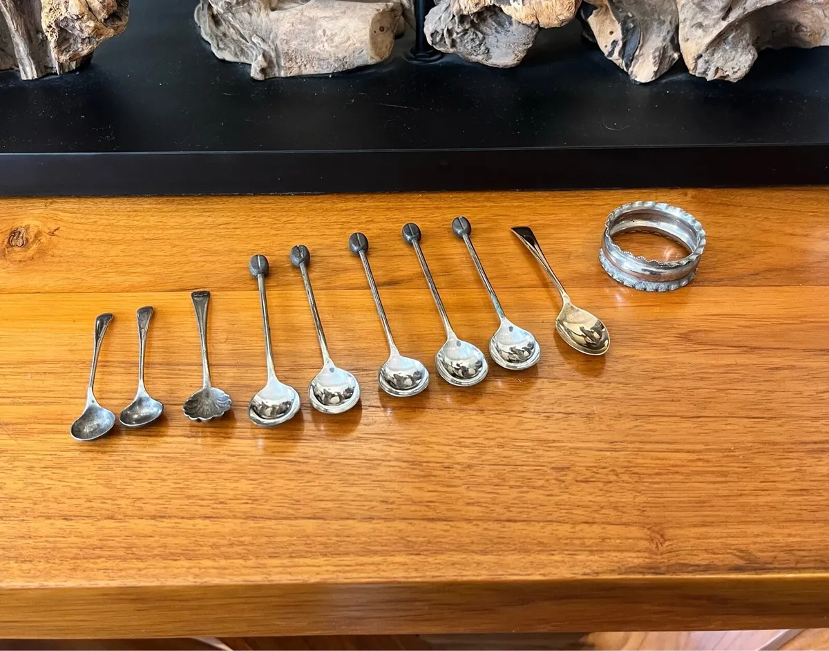 Antique Silver Plated Spoons & Napkin Ring - Image 1