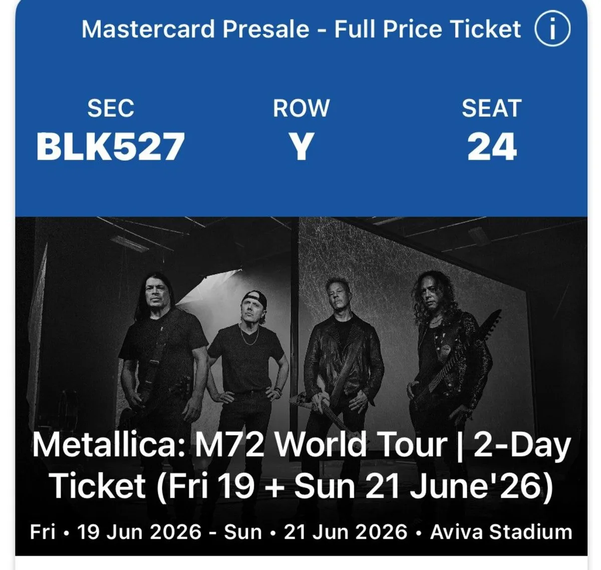 3 x Metallica Friday and Sunday Double Tickets