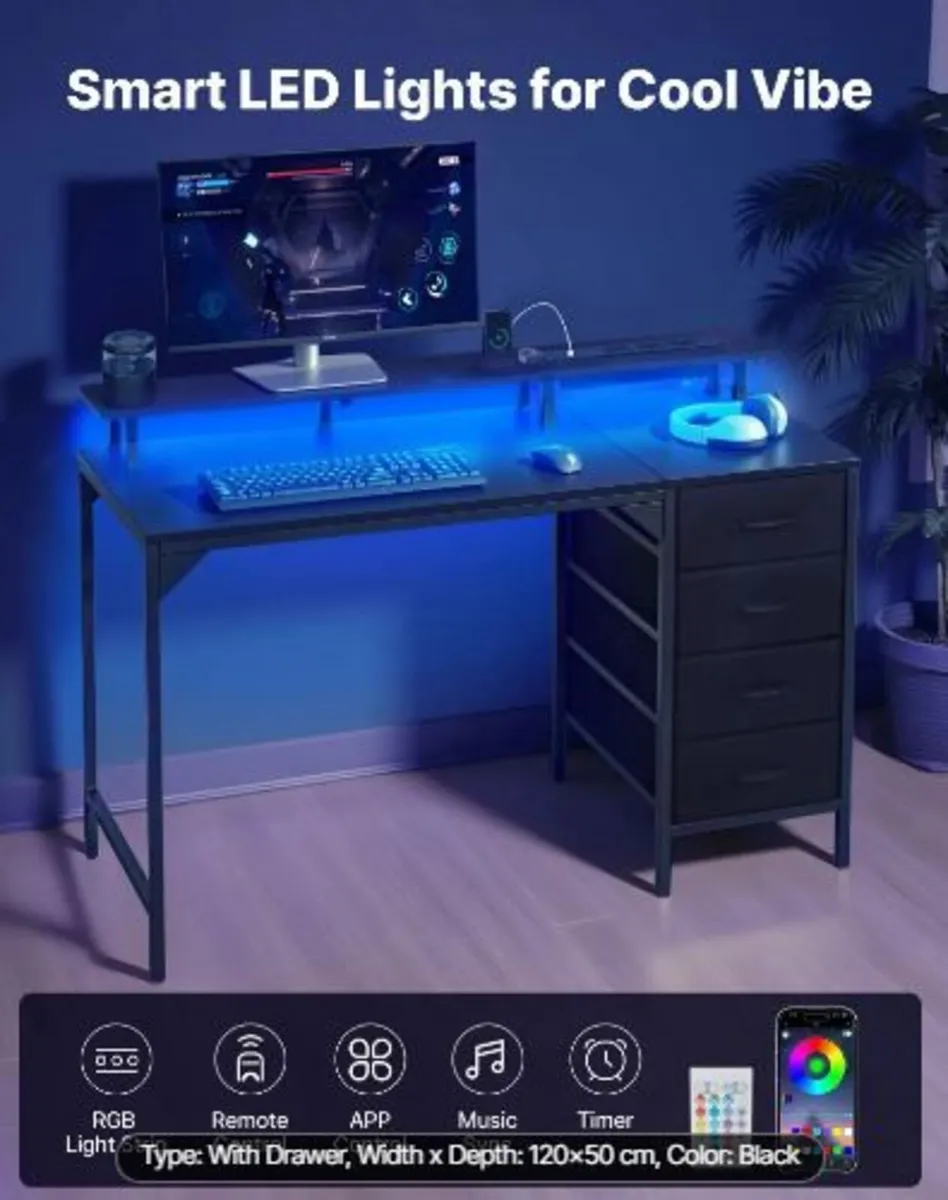 120 cm Computer Desk with Smart LED Lights - Image 2