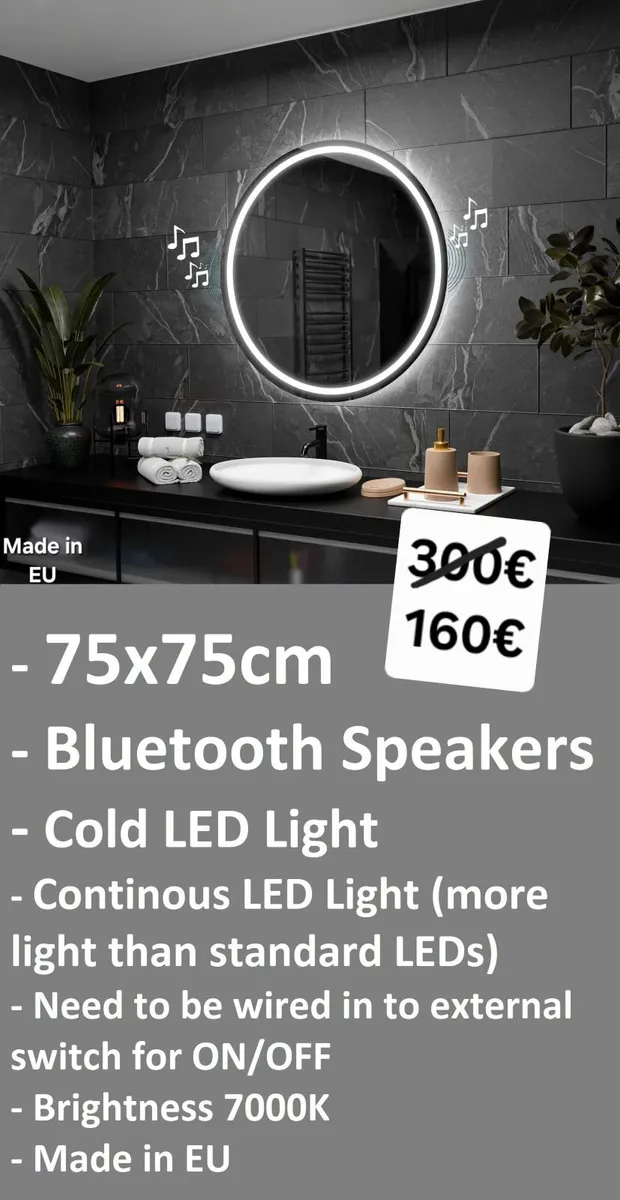 LED Bathroom Mirror Bluetooth Speakers Made in EU
