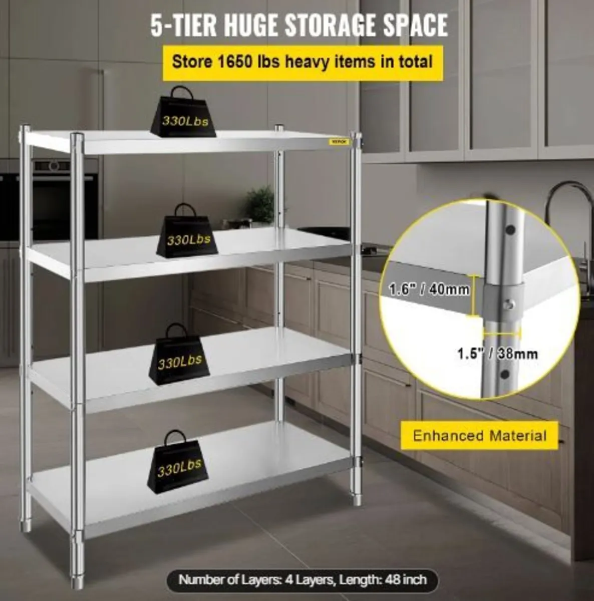 Stainless Steel Shelving, 118.9 x 47 cm 4 Tier Adj - Image 1