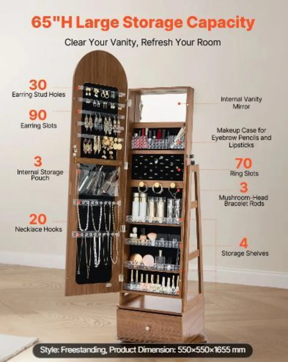 360° Swivel Jewelry Cabinet, 1655 mm Tall - Image 3