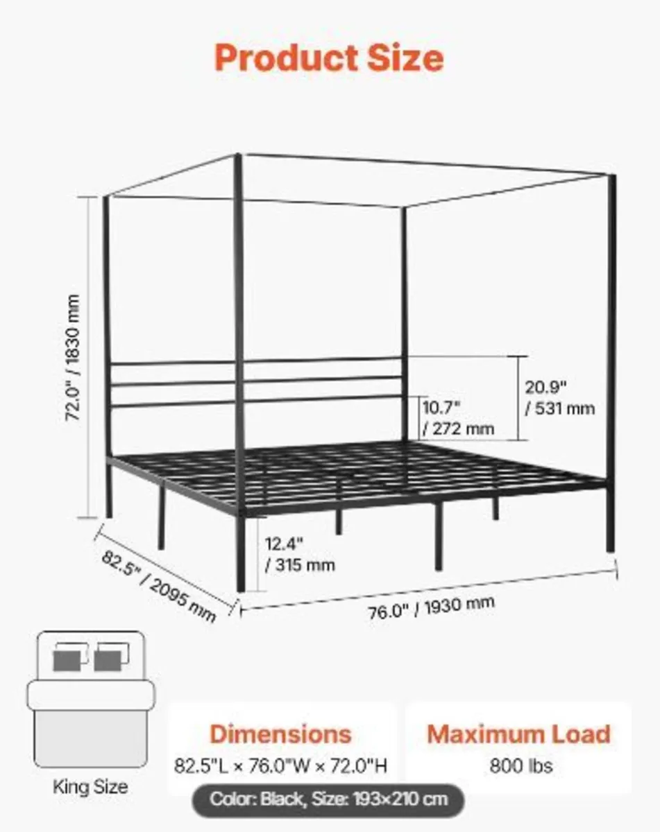 King Size Canopy Bed Frame, Metal Canopy - Image 2